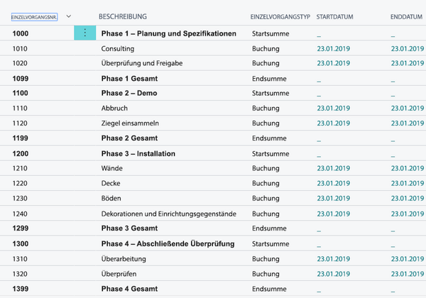 Projektaufgaben Microsoft Dynamics 365 Business Central