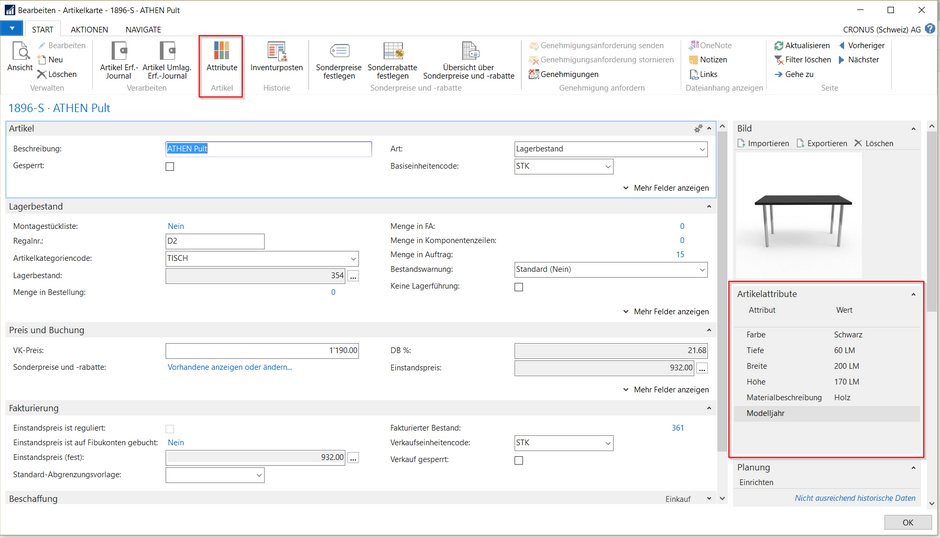 ERP Microsoft Dynamics NAV 2017 Artikelattribute