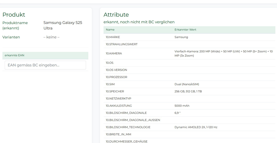 Product Agent Oberfläche