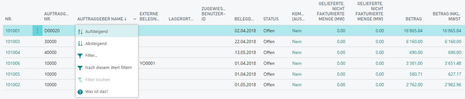 Filteransicht Business Central