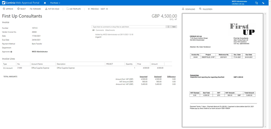 Document card Continia Web Approval